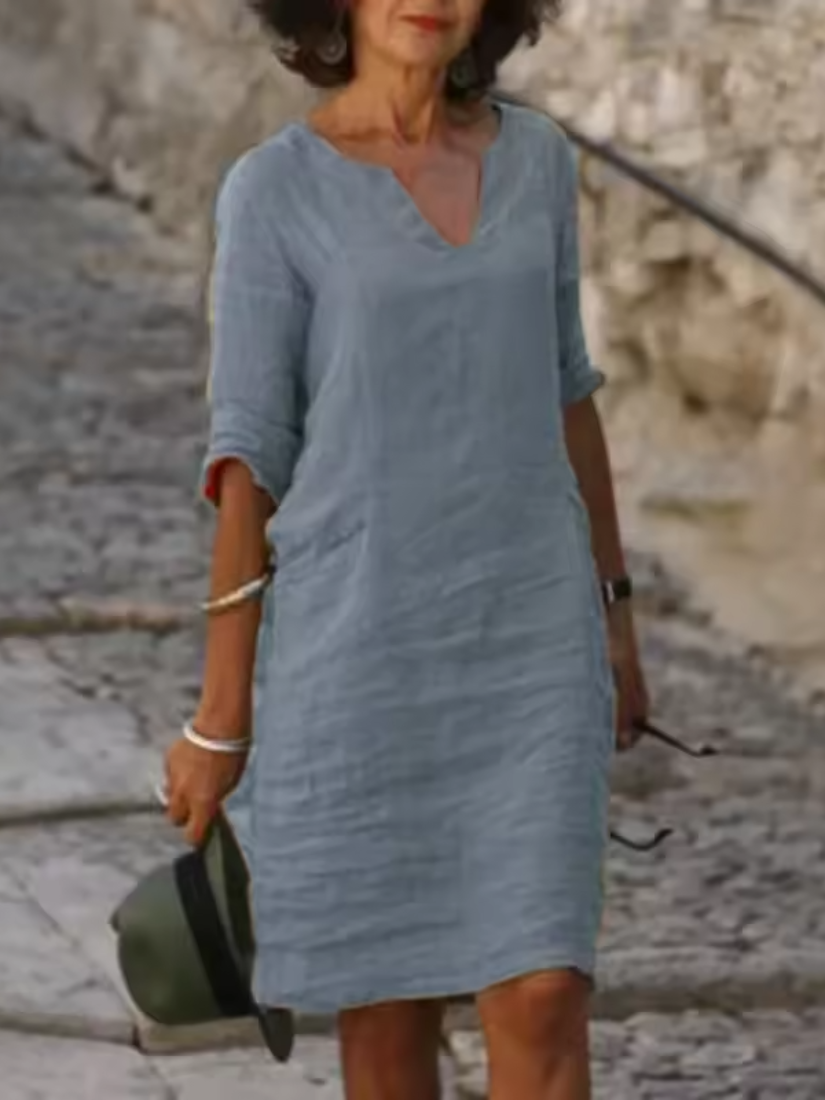 Hallie | V-Neck Cotton Linen Dress for Women