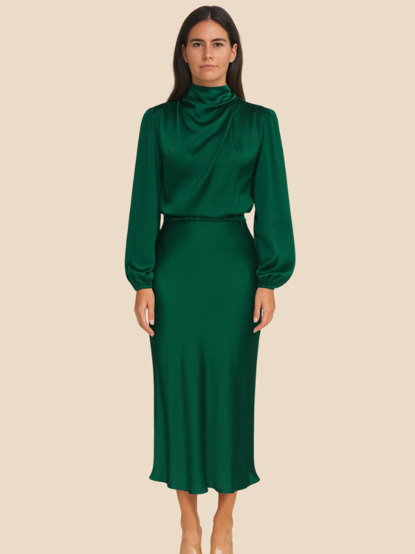 Lauren | Women's Long-Sleeved Satin Wedding Guest Maxi Dress