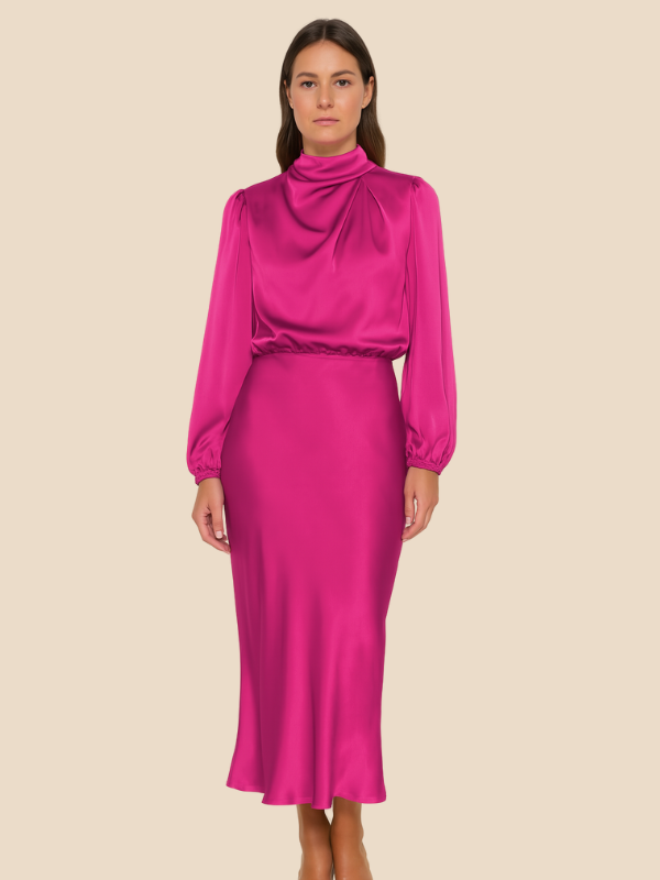 Lauren | Women's Long-Sleeved Satin Wedding Guest Maxi Dress