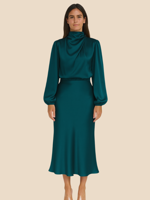 Lauren | Women's Long-Sleeved Satin Wedding Guest Maxi Dress