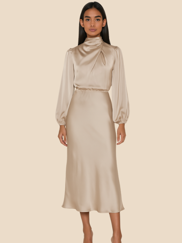 Lauren | Women's Long-Sleeved Satin Wedding Guest Maxi Dress