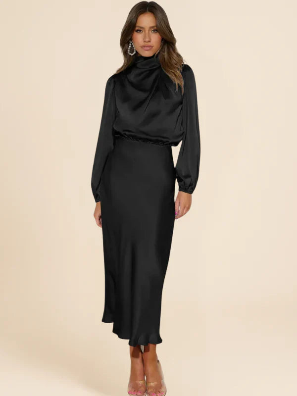 Lauren | Women's Long-Sleeved Satin Wedding Guest Maxi Dress