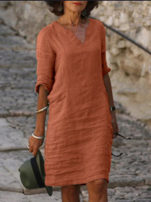 Hallie | V-Neck Cotton Linen Dress for Women