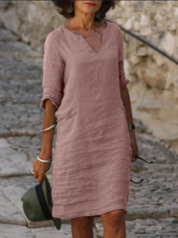 Hallie | V-Neck Cotton Linen Dress for Women