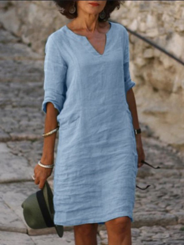 Hallie | V-Neck Cotton Linen Dress for Women